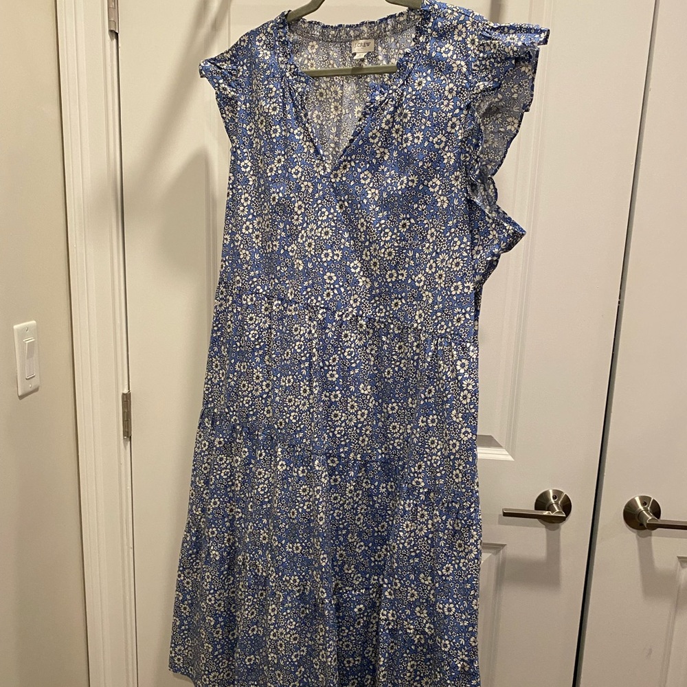 Blue & White Midi Dress with Ruffled Sleeves